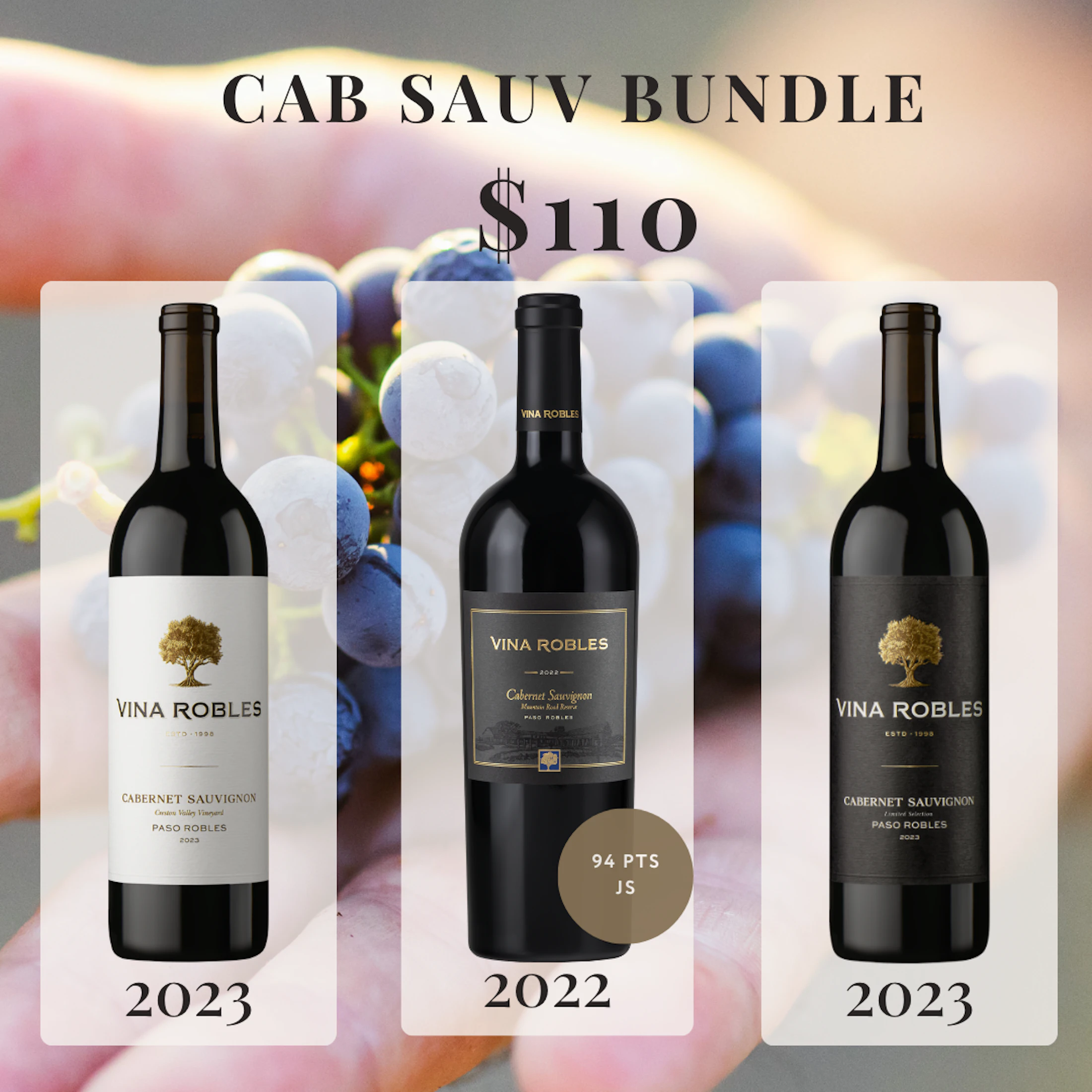Promotional graphic for a Vina Robles Cabernet Sauvignon bundle priced at $110. Three wine bottles are displayed against a soft-focus background of purple grapes. From left to right: a 2023 Cabernet Sauvignon with a white label, a 2022 Cabernet Sauvignon with a black label and a gold badge noting “94 PTS JS,” and a 2023 Cabernet Sauvignon with a black label. Large text at the top reads “CAB SAUV BUNDLE” and “$110.” The bottles are presented in translucent white panels with the vintage year shown beneath each bottle.