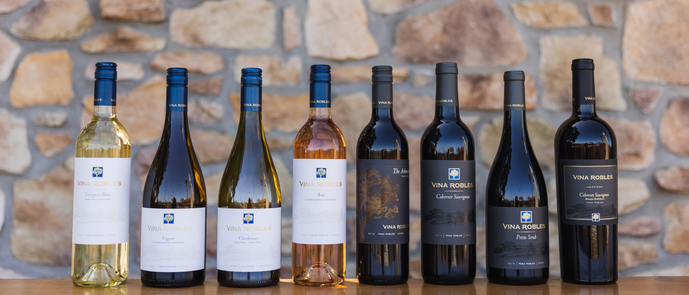 Eight Vina Robles wine bottles lined up on a table